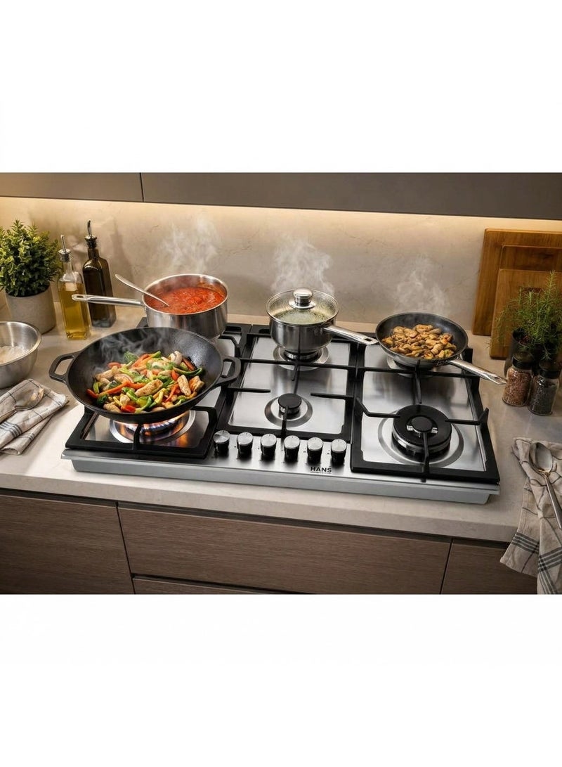 Hans Built-In Gas Hob 90cm - Maxi+ FullZone Enlarged Cooking Area - 6 Cooking Zones - 4.0 kW DualCrown SABAF Wok Burners - Original Italian SABAF Gas Valves - AISI 304 Stainless Steel Top - InstantFlame Auto Ignition - Full Gas Safety FFD - Stainless steel, BROGHO 9K4G2W X SF(Made in Turkey) - Image 2