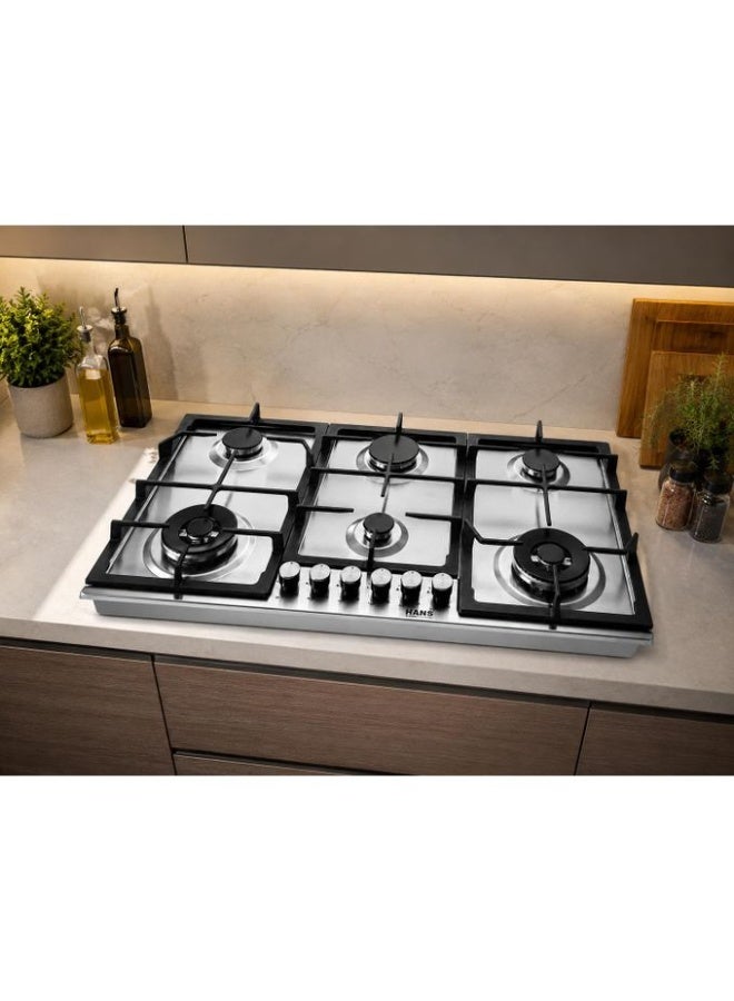 Hans Built-In Gas Hob 90cm - Maxi+ FullZone Enlarged Cooking Area - 6 Cooking Zones - 4.0 kW DualCrown SABAF Wok Burners - Original Italian SABAF Gas Valves - AISI 304 Stainless Steel Top - InstantFlame Auto Ignition - Full Gas Safety FFD - Stainless steel, BROGHO 9K4G2W X SF(Made in Turkey) - Image 3