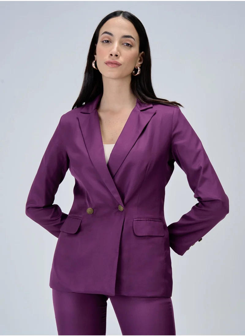 ملابس الملح Salt Attire Women's Purple Polyester Blazer - Tailored Double-Breasted Jacket for Office & Formal Wear size