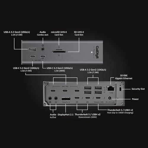 CalDigit TS5 PLUS - Thunderbolt 5 Dock - 20 Port, 10Gb Ethernet, 140W dedicated host Charging, TBT-5 x 3, USB 10Gb/s x10, Dual USB Controllers, Up to Two 8K 60Hz Displays, 1.0m Braided Cable, 330W PSU - Image 3