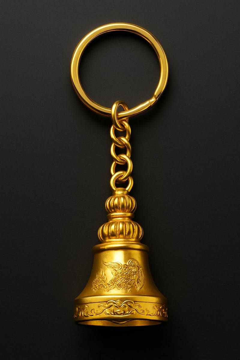 AEROSTARK Shiny Golden Guardian Bell Keychain | Polished Gold Protective Charm with Classic Engraving | Lucky Amulet for Motorcyclists, Travelers & Gifting | Durable Zinc Alloy Keyring Accessory - Image 3