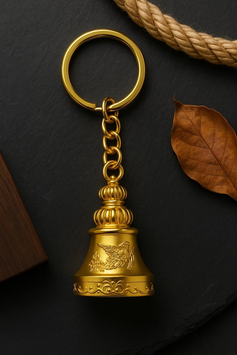 AEROSTARK Shiny Golden Guardian Bell Keychain | Polished Gold Protective Charm with Classic Engraving | Lucky Amulet for Motorcyclists, Travelers & Gifting | Durable Zinc Alloy Keyring Accessory - Image 1