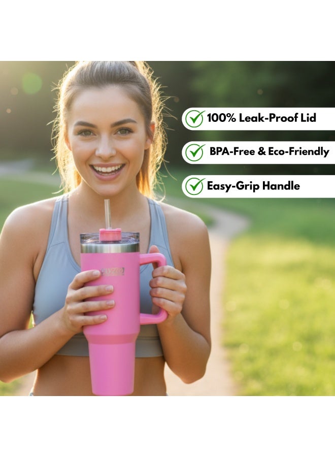 FLYZEO 40oz Stainless Steel Insulated Tumbler – Double Wall Vacuum Flask with Handle & Straw Lid | Hot & Cold for 18 Hours | Leakproof, BPA-Free & Eco-Friendly Travel Mug - Black - Image 4