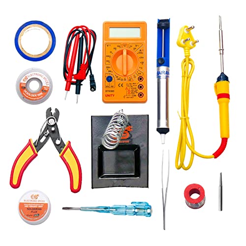 Electronicspices Electronic Spices (12 in 1) starter kit 25watt soldering iron/digital multimeter/iron bit/solder stand/solder wire/desoldring pump/desolder wire/paste/cutter tester/tape/tweezer - Image 1