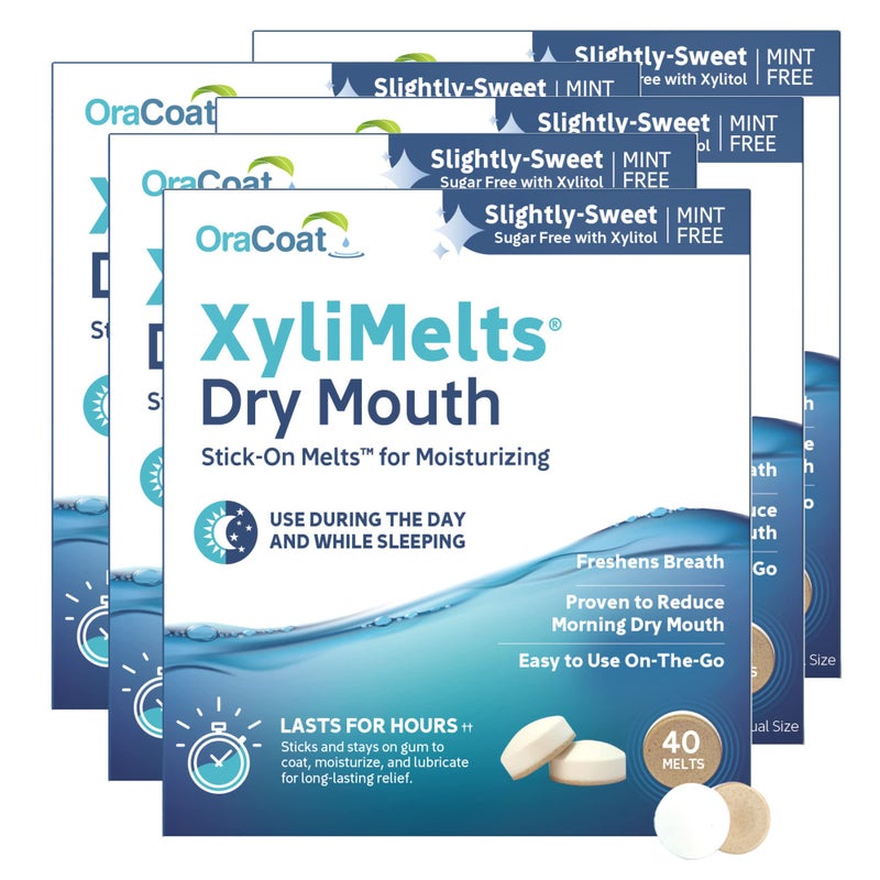 OraCoat XyliMelts Dry Mouth Relief Moisturizing Oral Adhering Discs 40 Count, 5 Pack, Slightly-Sweet with Xylitol, for Dry Mouth, Stimulates Saliva