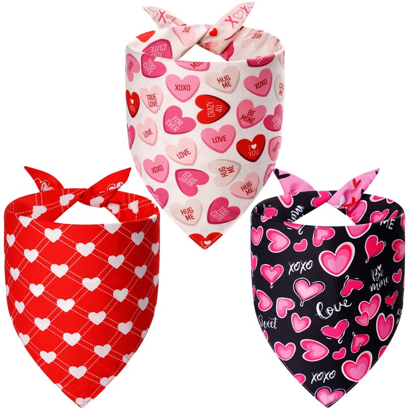 Agroon Dog Valentines Bandana XLarge 3PCS, 6 Pattern Sweetheart Scarf for Boy and Girl, Red Pink Black Triangle Reversible Love Bibs Breed for Puppy Pets - Image 2