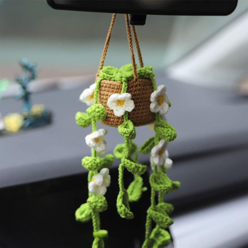FOWSEEK Crochet Potted Plants Car Mirror Hanging Accessories Cute Car Decorations for Women Men Handmade Knitted Rearview Mirror Accessories Home Crochet Plant Decor Gifts - Image 3