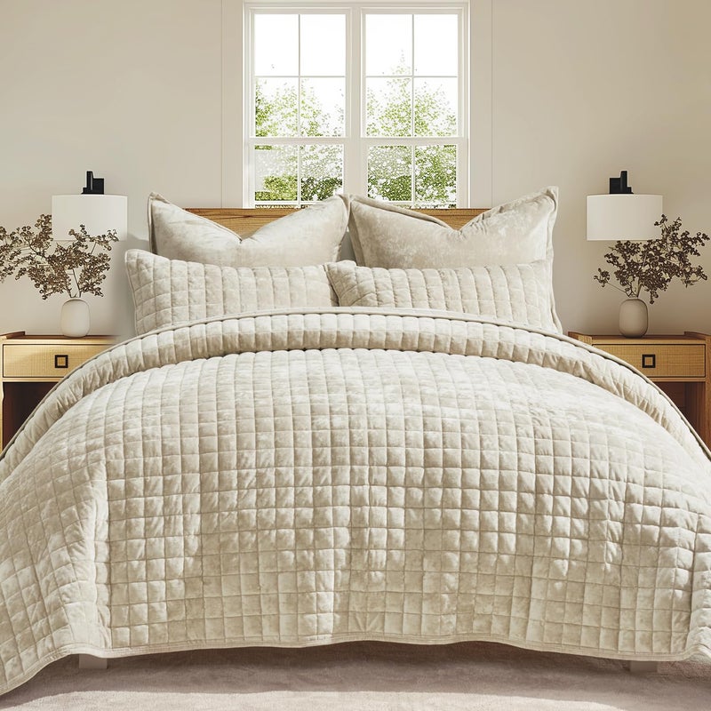 RECYCO Luxury Velvet Quilt Set King Size Bedding Sets, Ultra Soft Velvet Comforter Set, Lightweight Channel Box Stitch Oversized Bedspread Coverlet for All Season, with 2 Shams, Beige - Image 1