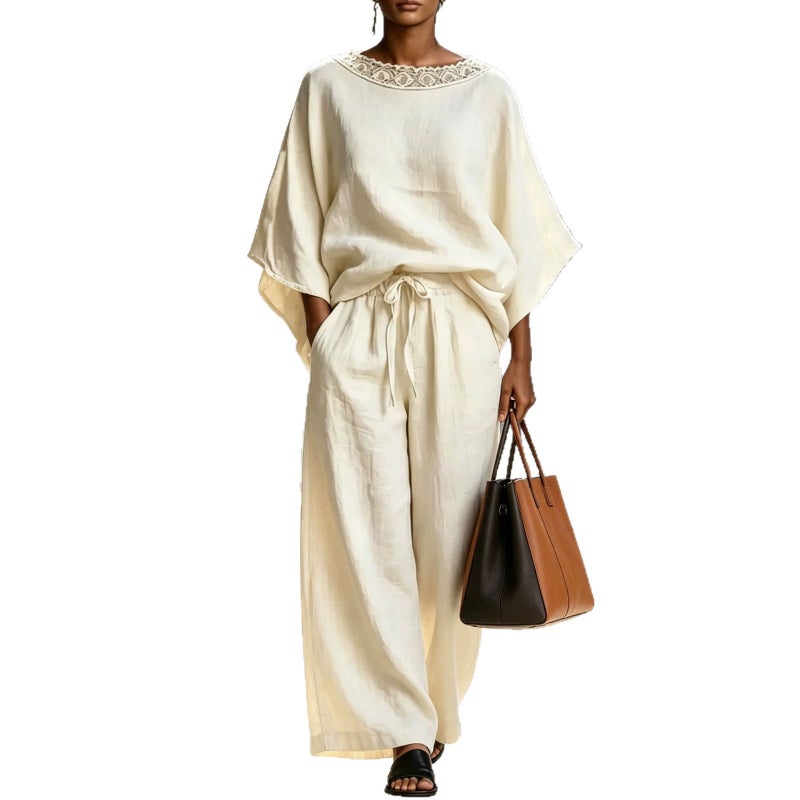 Women's Lace Round Neck Loose Short Sleeve Trousers Two-Piece Set Summer Plus Size Loungewear - Image 5