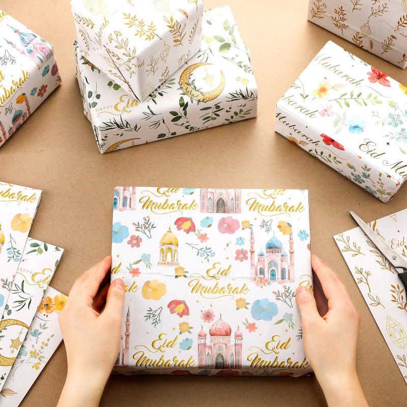 MotiMind 12 Sheet Eid Wrapping Paper for Men Women 20 x 28 Inch Mubarak Crescent Moon Star Lantern Eid Al-fitr Gift Wrapping Folded Flat Craft Paper for Birthday DIY Craft Gift Packing Islamic Holiday - Image 3