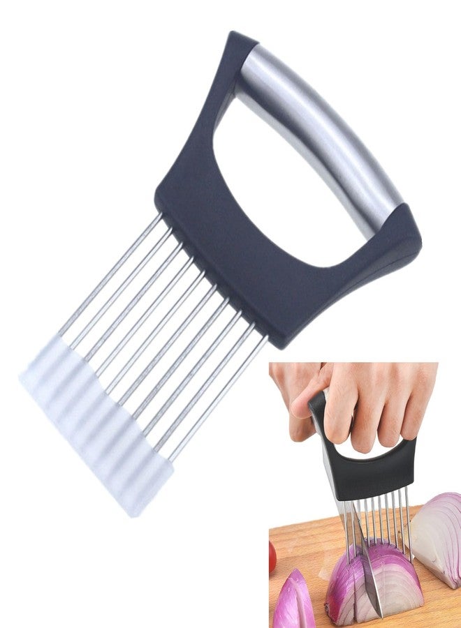 BeeSpring Onion Holder Stainless Steel Chopper Slicing Tool Onion Cutter Kitchen and Dining Utensils for Onion Kiwifruit Lemon Potato Tomato Banana Carrots Eggs and Other (with Plastic Cover) - Image 1