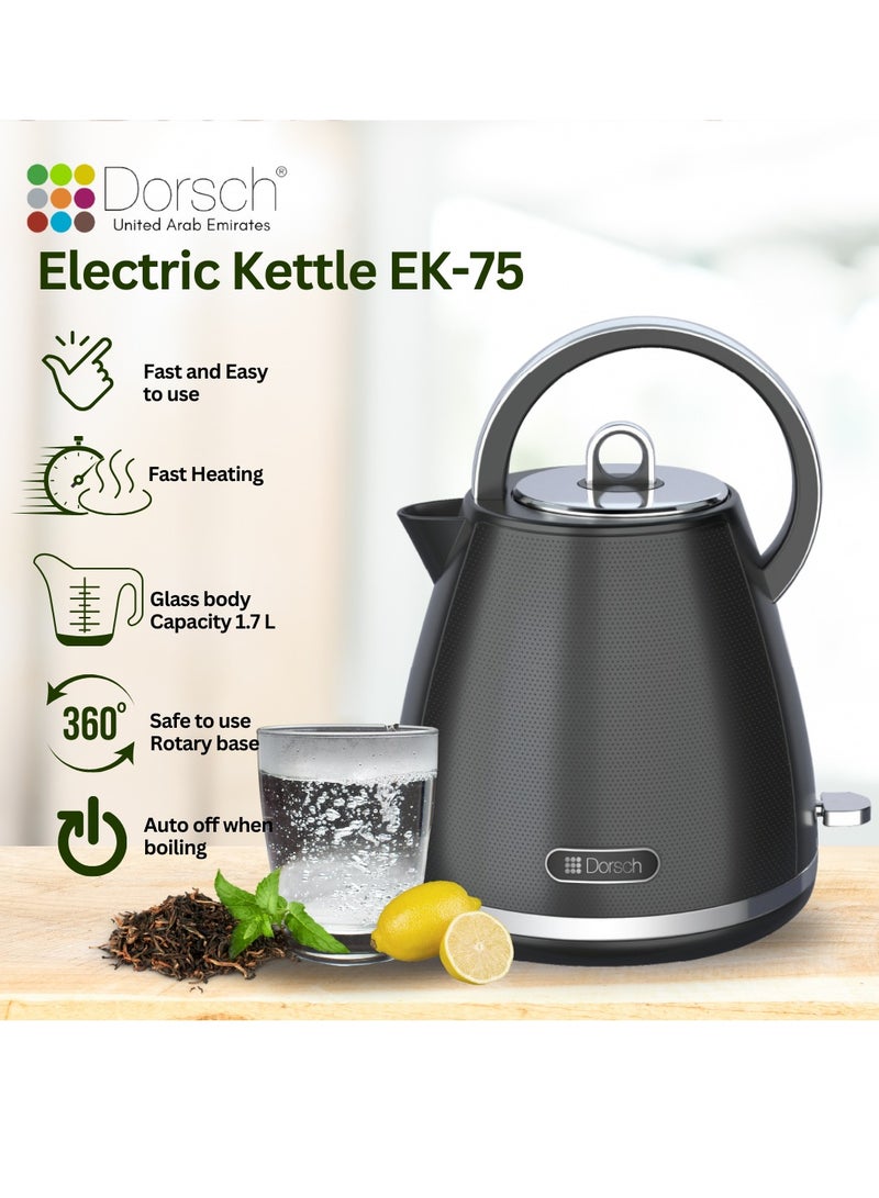 Dorsch Danish Design 1.7 L Electric Kettle | Quick Boil Technology | Round Black Antique Design, Auto Shut-Off | Boiling Dry Protection | On/Off Switch | Anti-Drip Spout (EK- 75) - Image 2