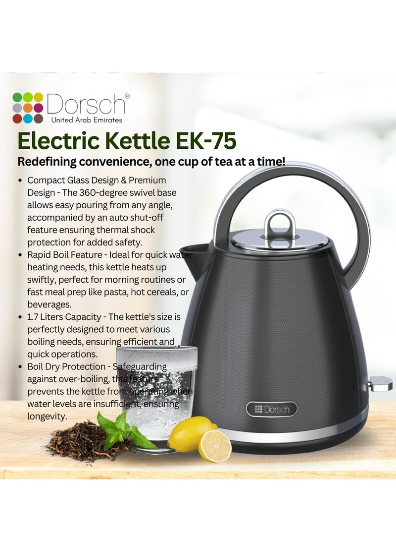 Dorsch Danish Design 1.7 L Electric Kettle | Quick Boil Technology | Round Black Antique Design, Auto Shut-Off | Boiling Dry Protection | On/Off Switch | Anti-Drip Spout (EK- 75) - Image 3