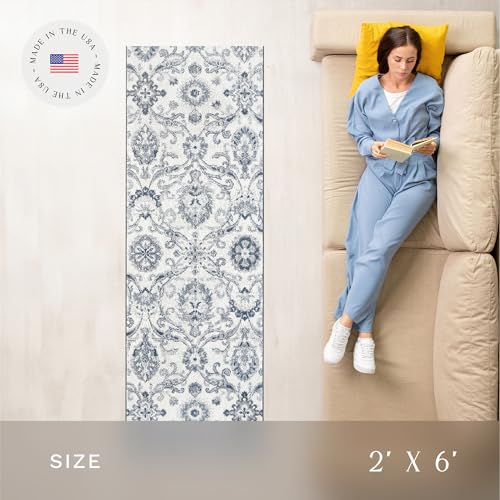 Maples Rugs Blooming Damask Runner Rug - Made in USA – Washable, Non Slip Indoor Carpet for Hallway, Kitchen, and Laundry Room, 2' x 6', Grey/Blue - Image 3