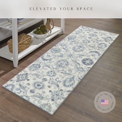 Maples Rugs Blooming Damask Runner Rug - Made in USA – Washable, Non Slip Indoor Carpet for Hallway, Kitchen, and Laundry Room, 2' x 6', Grey/Blue - Image 2