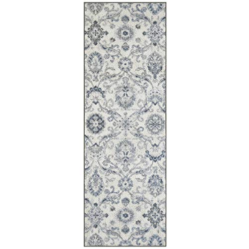 Maples Rugs Blooming Damask Runner Rug - Made in USA – Washable, Non Slip Indoor Carpet for Hallway, Kitchen, and Laundry Room, 2' x 6', Grey/Blue - Image 1