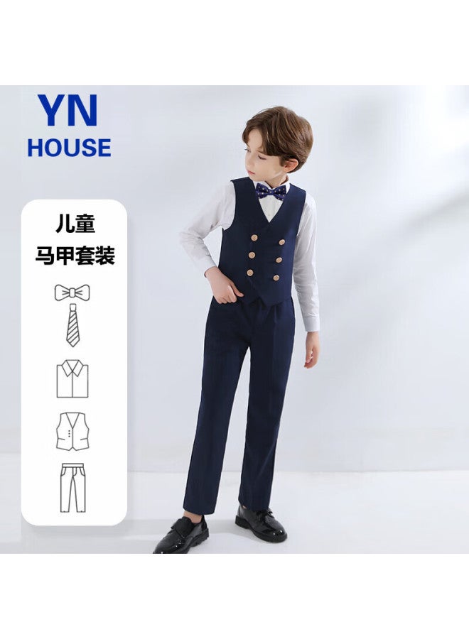 Yinuofang Children's Suit Vest Set British Style Performance Host Formal Wear Navy Blue： Vest Set 160cm - Image 1