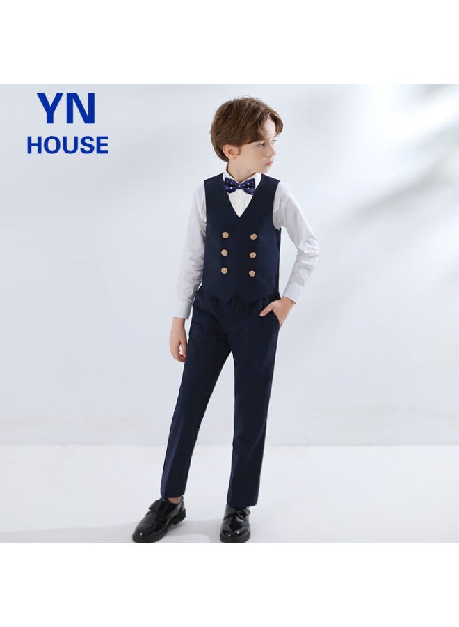 Yinuofang Children's Suit Vest Set British Style Performance Host Formal Wear Navy Blue： Vest Set 160cm - Image 2