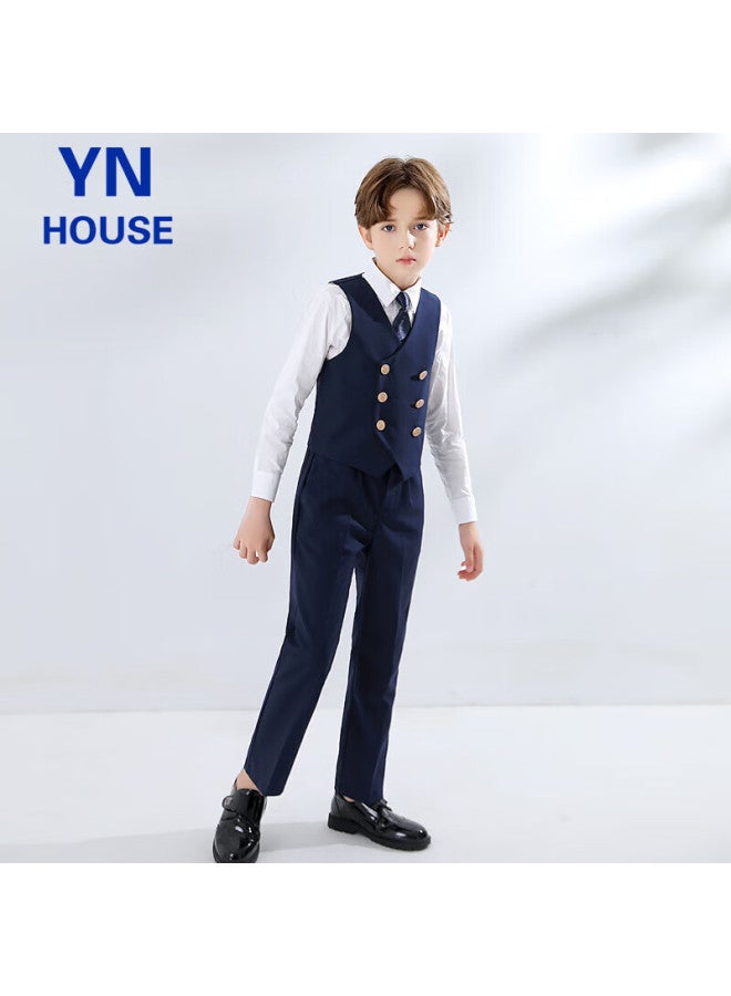 Yinuofang Children's Suit Vest Set British Style Performance Host Formal Wear Navy Blue： Vest Set 160cm - Image 5