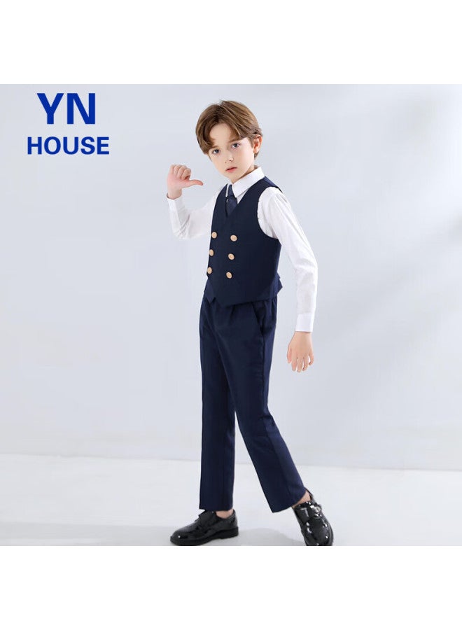Yinuofang Children's Suit Vest Set British Style Performance Host Formal Wear Navy Blue： Vest Set 160cm - Image 4