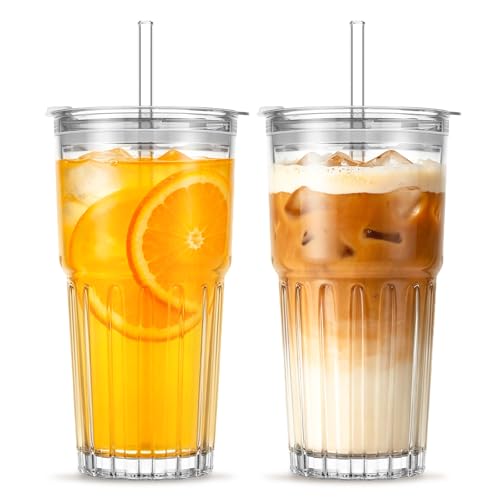 INSETLAN 20oz Clear Glass Cups & Tumbler Set with Lids & Straws – 2-Pack, Reusable Drinking Cups for Iced Coffee, Smoothies, Tea, Juice, Leak-Proof, Spill-Proof, Ideal for Home and Outdoor Use - Image 1