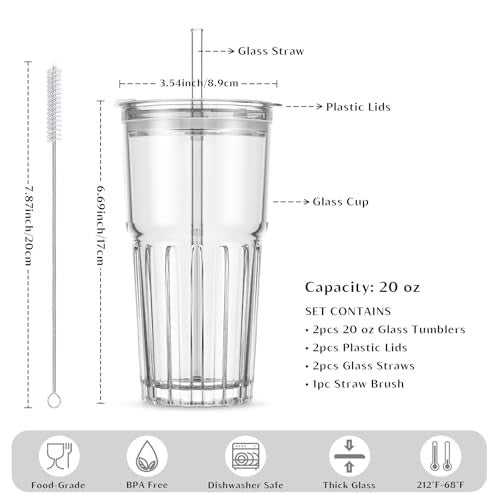 INSETLAN 20oz Clear Glass Cups & Tumbler Set with Lids & Straws – 2-Pack, Reusable Drinking Cups for Iced Coffee, Smoothies, Tea, Juice, Leak-Proof, Spill-Proof, Ideal for Home and Outdoor Use - Image 3
