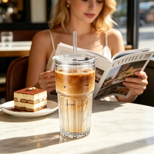 INSETLAN 20oz Clear Glass Cups & Tumbler Set with Lids & Straws – 2-Pack, Reusable Drinking Cups for Iced Coffee, Smoothies, Tea, Juice, Leak-Proof, Spill-Proof, Ideal for Home and Outdoor Use - Image 2