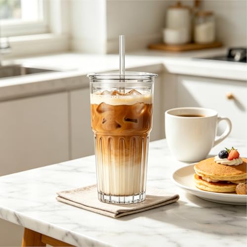 INSETLAN 20oz Clear Glass Cups & Tumbler Set with Lids & Straws – 2-Pack, Reusable Drinking Cups for Iced Coffee, Smoothies, Tea, Juice, Leak-Proof, Spill-Proof, Ideal for Home and Outdoor Use - Image 4