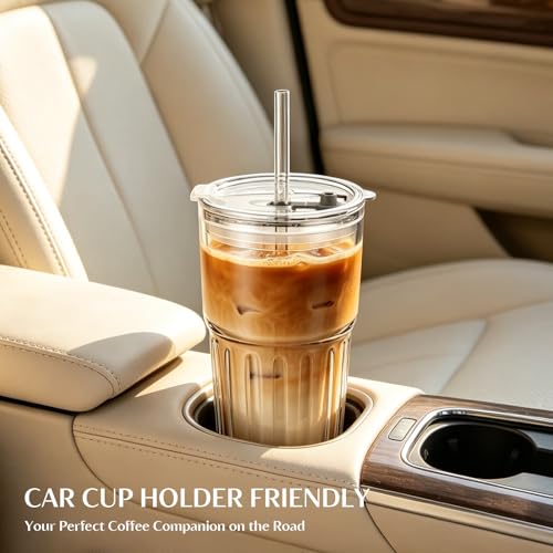 INSETLAN 20oz Clear Glass Cups & Tumbler Set with Lids & Straws – 2-Pack, Reusable Drinking Cups for Iced Coffee, Smoothies, Tea, Juice, Leak-Proof, Spill-Proof, Ideal for Home and Outdoor Use - Image 5