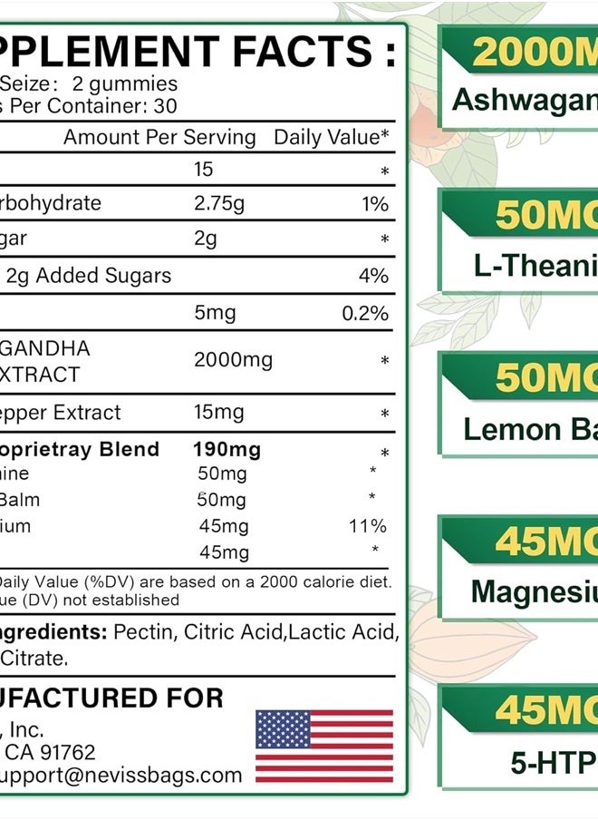NEVISS - Ashwagandha Gummies 2000mg, Feel Refreshed, Plus Proprietary Blend with L-Theanine, 5-HTP, Lemon Balm, Magnesium for Calm, Zzzs & Relaxation Support, 120 Count - Image 1