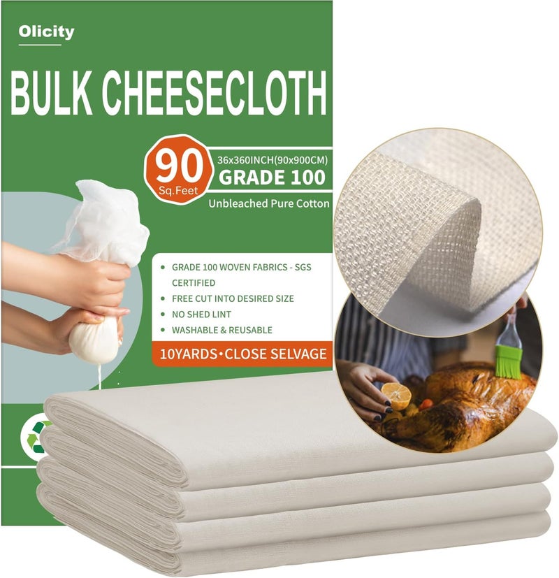 Olicity Cheese Cloth Roll,Grade 100,3x30Ft, 90 Sq Feet, Reusable Cheese Cloths with Closed Edges Fabric Fine Mesh Cloth, Unbleached Cotton Muslin Bulk Cheesecloth Roll for Straining, Crafts - 10 Yards - Image 1