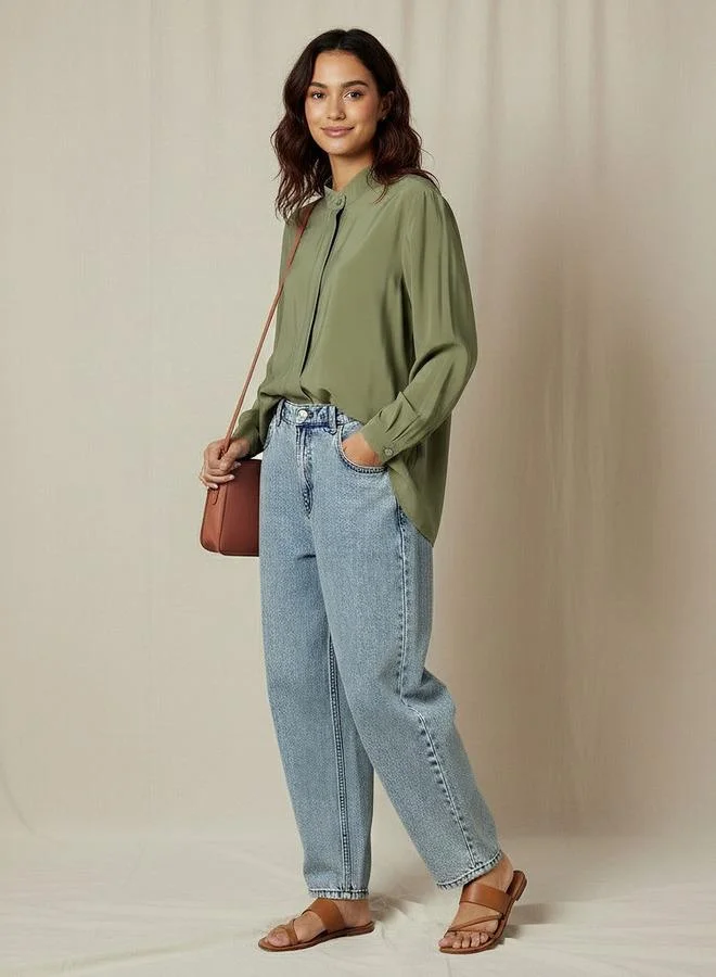 Iconic Iconic Regular Fit Cupro Top with Mandarin Collar