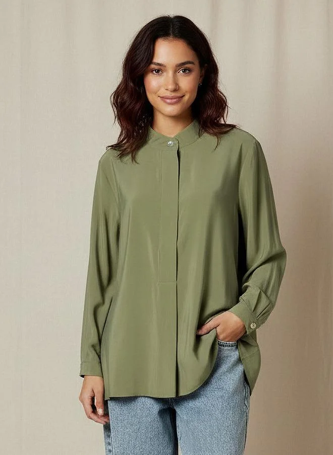 Iconic Iconic Regular Fit Cupro Top with Mandarin Collar