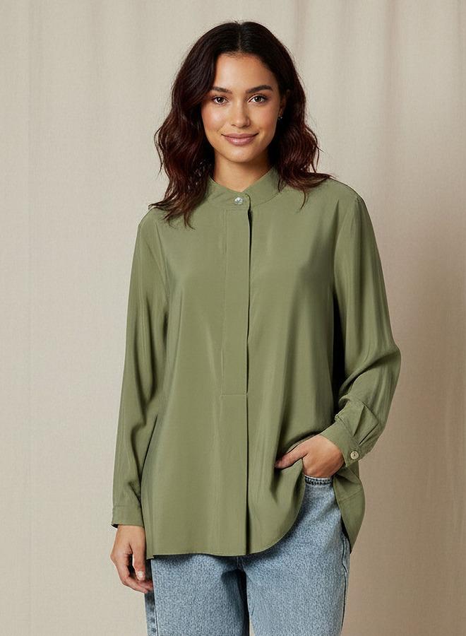 Iconic Regular Fit Cupro Top with Mandarin Collar - Image 1