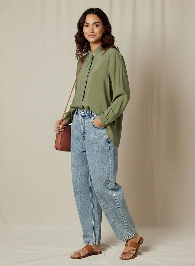 Iconic Regular Fit Cupro Top with Mandarin Collar - Image 2