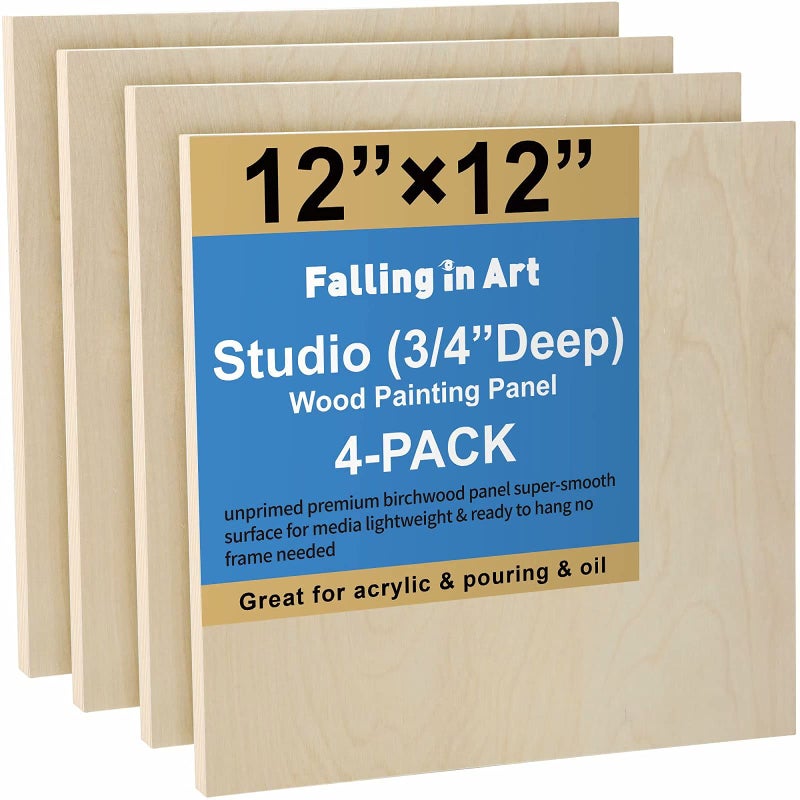 Falling in Art Unfinished Birch Wood Canvas Panels Kit, 4 Pack of 12x12â€™â€™ Studio 3/4â€™â€™ Deep Cradle Boards for Pouring Art, Crafts, Painting and More - Image 1