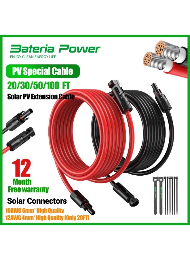 BateriaPower 10AWG Solar Extension Cable Tinned Copper PV Wire for Solar Controller Solar Panels 30FT Cable with MC4 Plug Connector - Image 1