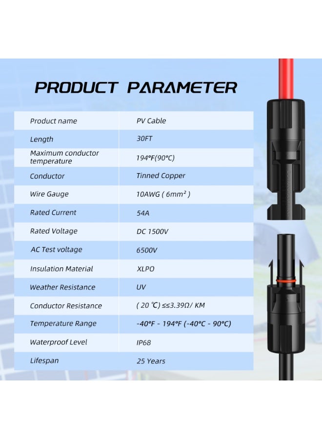 BateriaPower 10AWG Solar Extension Cable Tinned Copper PV Wire for Solar Controller Solar Panels 30FT Cable with MC4 Plug Connector - Image 2