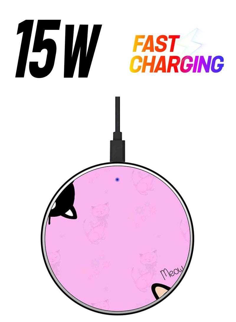 ثيودور شاحن لاسلكي سريع بطبعة عبارة Meow Meow مع كابل USB وردي/أسود - Image 1