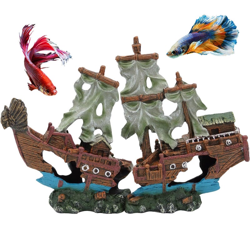 UNEAK - Pirate Shipwreck Aquarium Decorations Ornament w/Sail (2 Pieces) 5 Gallons and Larger Fish Tank, Sunken Ship Decoration Ornaments, Decorative Resin Boat for Freshwater Saltwater Decor - Image 1