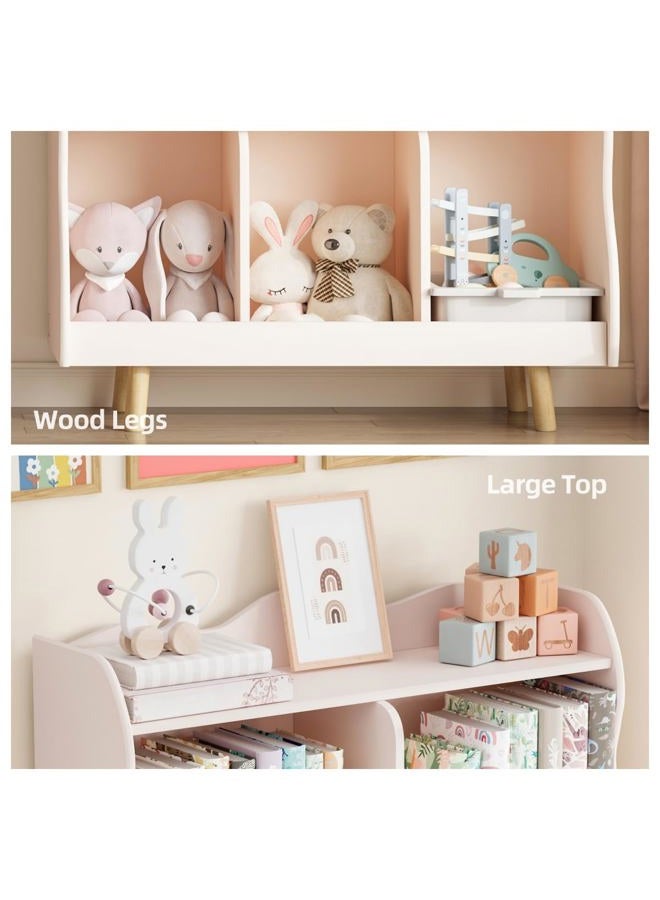 Treocho Kids Bookshelf and Toy Storage Orangizer, 3-Tier Wooden Children's Bookcase with Curve Design, 5 Cubbies Toy Storage Cabinet Display with Legs for Children's Room, Playroom, School, Pink - Image 4