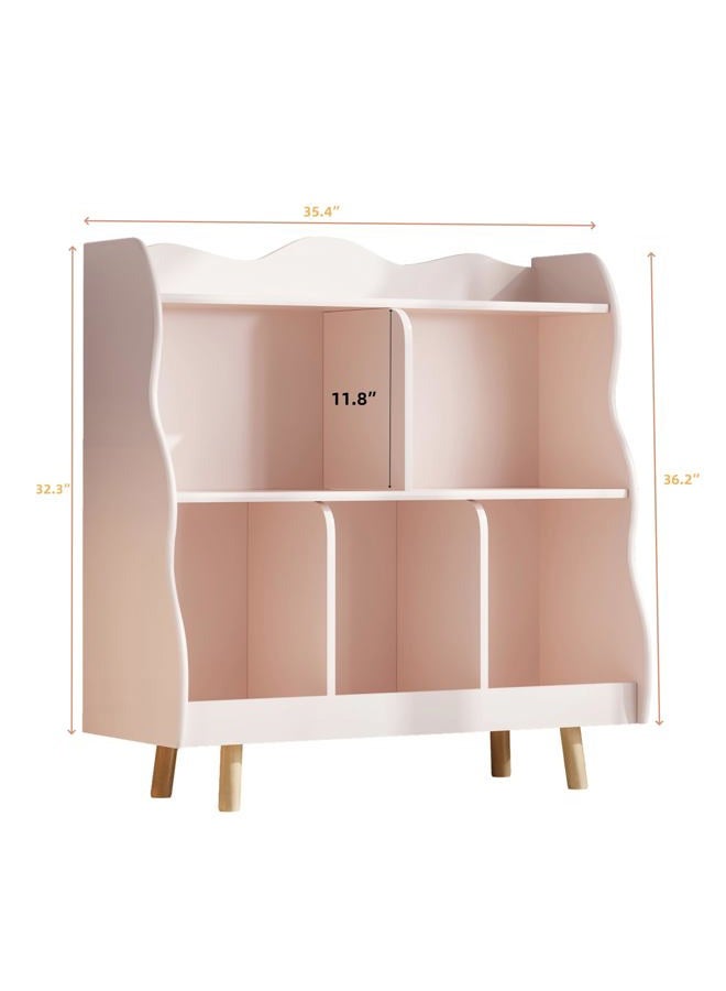 Treocho Kids Bookshelf and Toy Storage Orangizer, 3-Tier Wooden Children's Bookcase with Curve Design, 5 Cubbies Toy Storage Cabinet Display with Legs for Children's Room, Playroom, School, Pink - Image 2