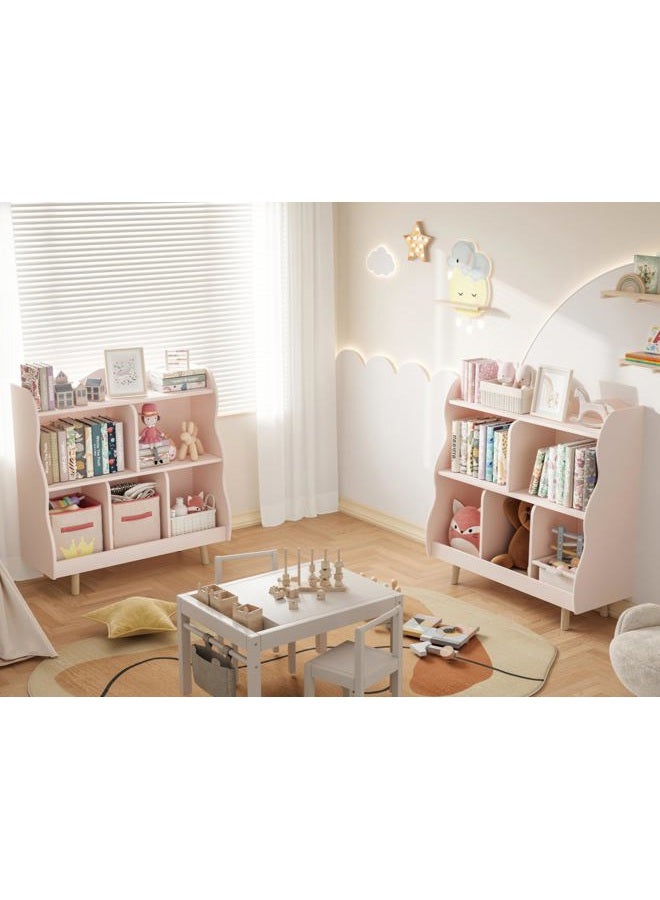 Treocho Kids Bookshelf and Toy Storage Orangizer, 3-Tier Wooden Children's Bookcase with Curve Design, 5 Cubbies Toy Storage Cabinet Display with Legs for Children's Room, Playroom, School, Pink - Image 5