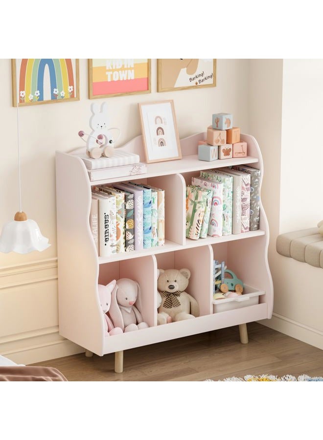 Treocho Kids Bookshelf and Toy Storage Orangizer, 3-Tier Wooden Children's Bookcase with Curve Design, 5 Cubbies Toy Storage Cabinet Display with Legs for Children's Room, Playroom, School, Pink - Image 1