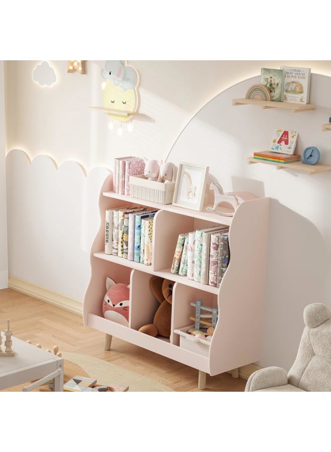 Treocho Kids Bookshelf and Toy Storage Orangizer, 3-Tier Wooden Children's Bookcase with Curve Design, 5 Cubbies Toy Storage Cabinet Display with Legs for Children's Room, Playroom, School, Pink - Image 3