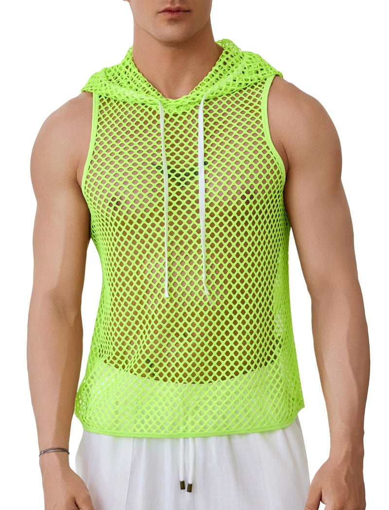 ABAFIP Men Mesh Fishnet Tank Top Sleeveless Drawstring Hoodie Shirt Sheer Muscle Top Rave Clubwear Fluorescent Green X-Large - Image 2