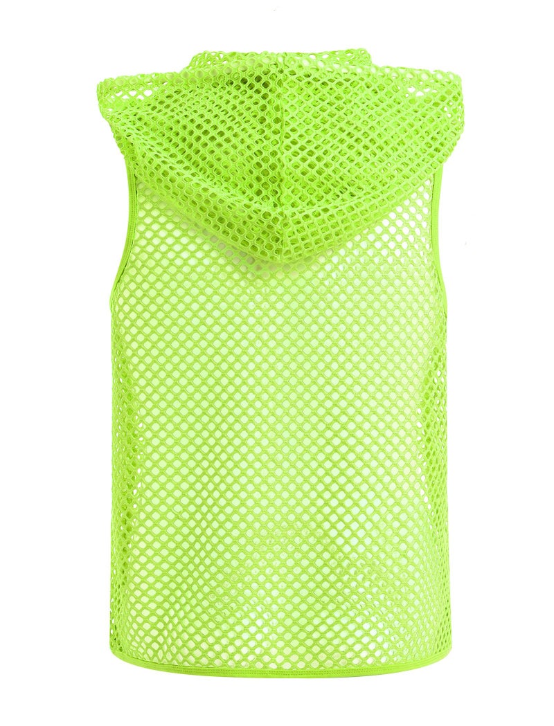 ABAFIP Men Mesh Fishnet Tank Top Sleeveless Drawstring Hoodie Shirt Sheer Muscle Top Rave Clubwear Fluorescent Green X-Large - Image 5