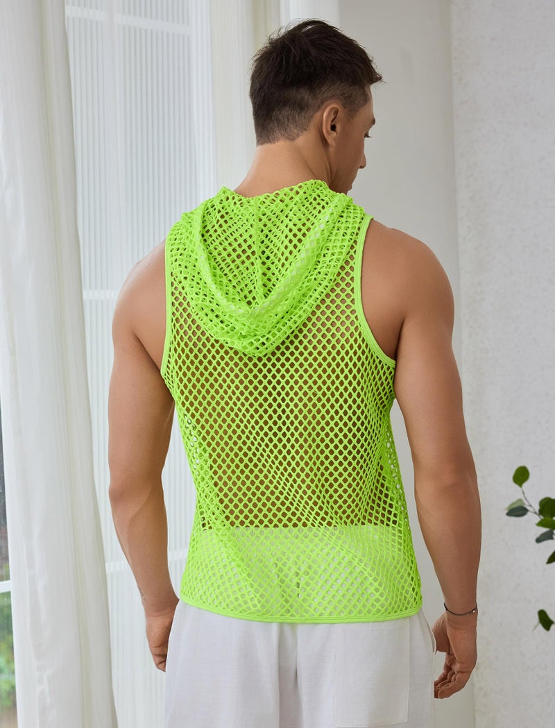 ABAFIP Men Mesh Fishnet Tank Top Sleeveless Drawstring Hoodie Shirt Sheer Muscle Top Rave Clubwear Fluorescent Green X-Large - Image 3