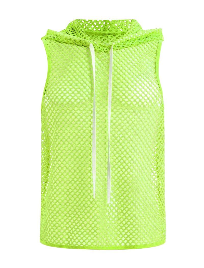 ABAFIP Men Mesh Fishnet Tank Top Sleeveless Drawstring Hoodie Shirt Sheer Muscle Top Rave Clubwear Fluorescent Green X-Large - Image 4