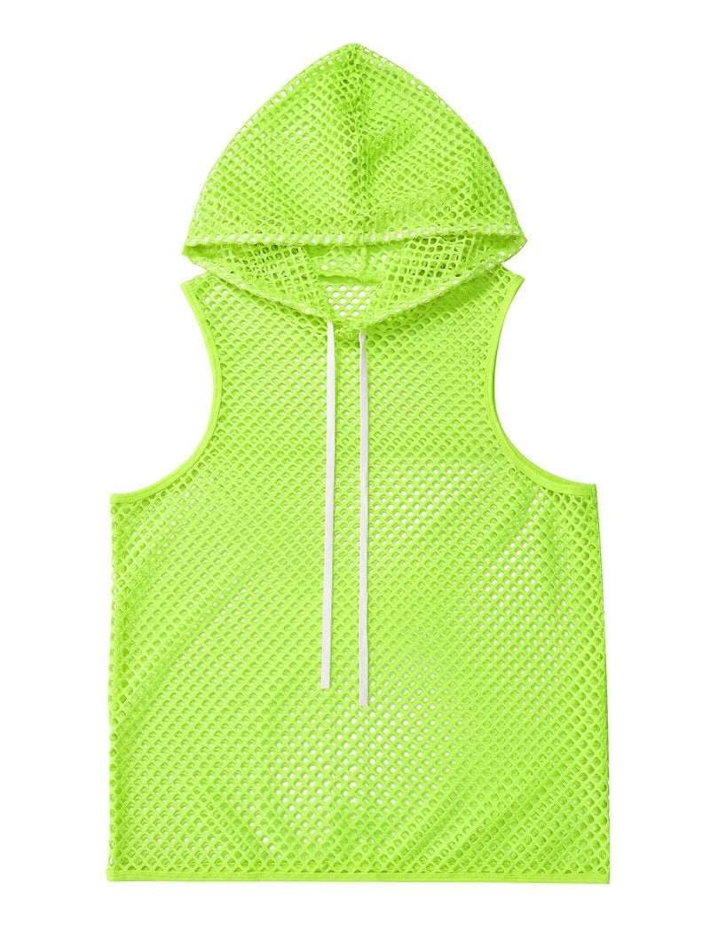 ABAFIP Men Mesh Fishnet Tank Top Sleeveless Drawstring Hoodie Shirt Sheer Muscle Top Rave Clubwear Fluorescent Green X-Large - Image 1